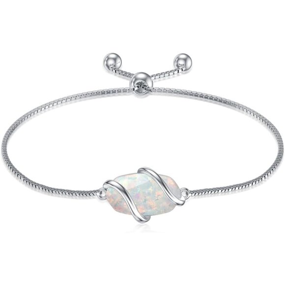 Sterling Silver Opal Link Bracelet for Women Adjustable Up to 9 Inches